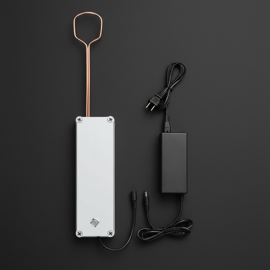 Electrolysis device with power adapter on a white background