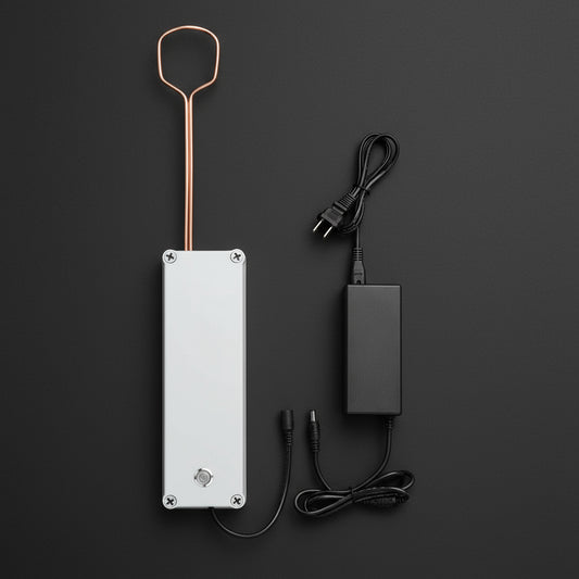Electrolysis device with power adapter on a white background