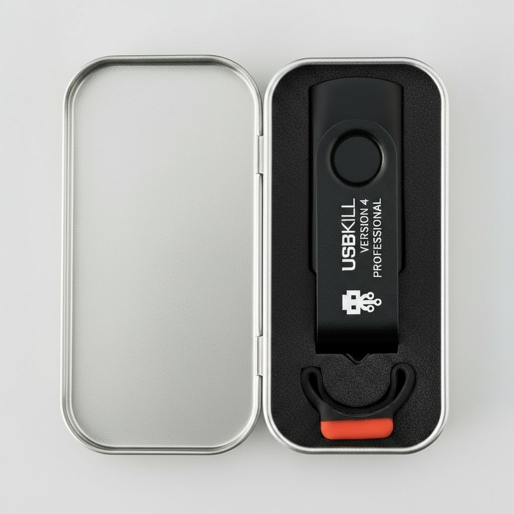 Black USB device with 'USBKill' branding in a silver case on a white background